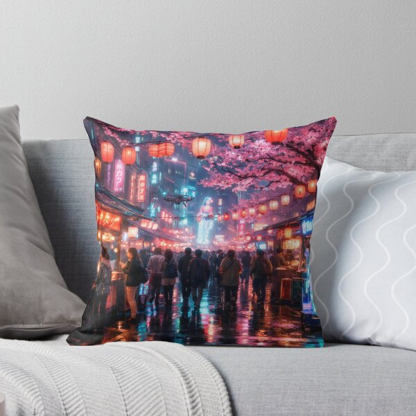 Item preview, Neon Cherry Blossom City Night | Futuristic Japanese Cityscape Illustration | Dreamy Sakura Lights & Cyberpunk Wall Art designed and sold by PaintedPixels01.
