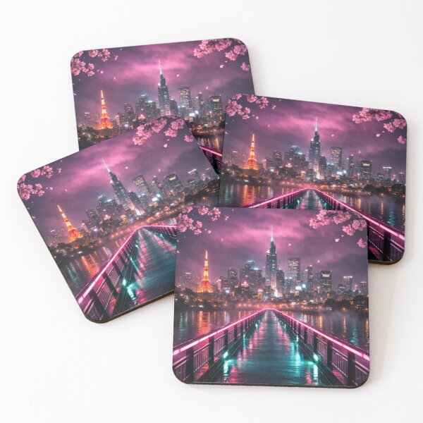 Item preview, Neon Cherry Blossom City Night | Futuristic Japanese Cityscape Illustration | Dreamy Sakura Lights & Cyberpunk Wall Art designed and sold by PaintedPixels01.