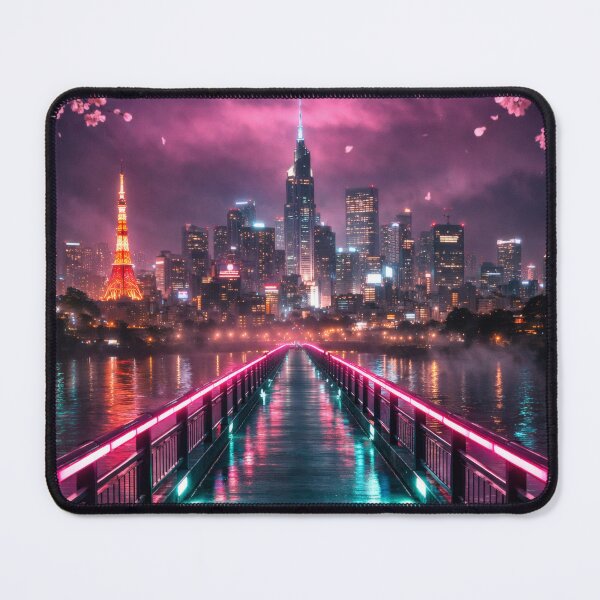 Item preview, Neon Cherry Blossom City Night | Futuristic Japanese Cityscape Illustration | Dreamy Sakura Lights & Cyberpunk Wall Art designed and sold by PaintedPixels01.
