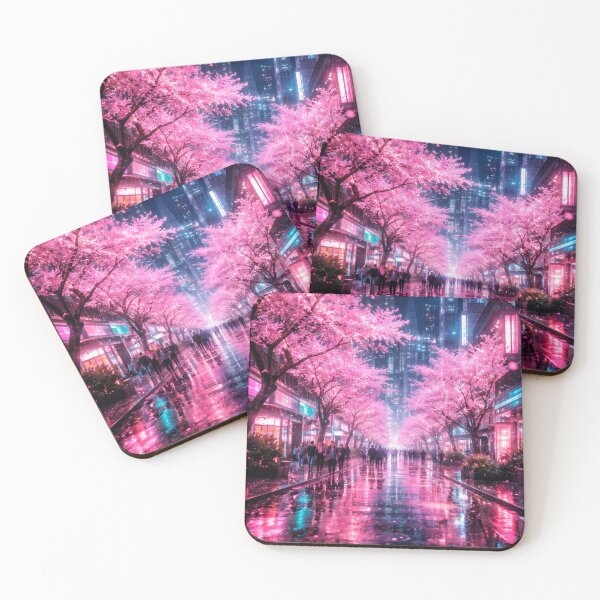 Item preview, Neon Cherry Blossom City Night | Futuristic Japanese Cityscape Illustration | Dreamy Sakura Lights & Cyberpunk Wall Art designed and sold by PaintedPixels01.