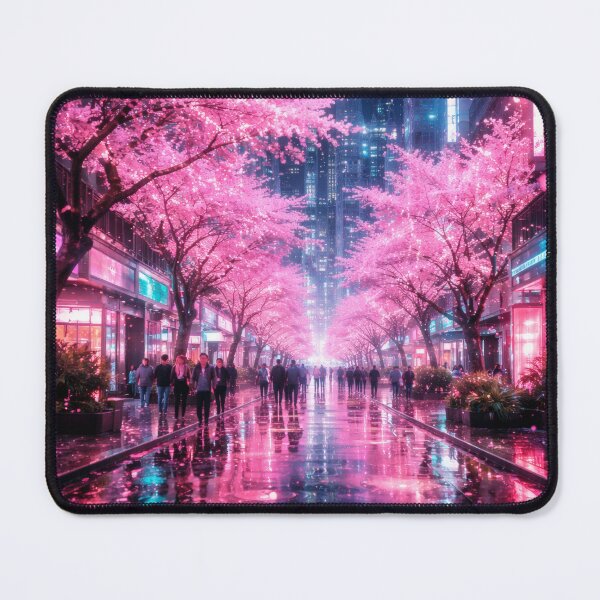 Item preview, Neon Cherry Blossom City Night | Futuristic Japanese Cityscape Illustration | Dreamy Sakura Lights & Cyberpunk Wall Art designed and sold by PaintedPixels01.