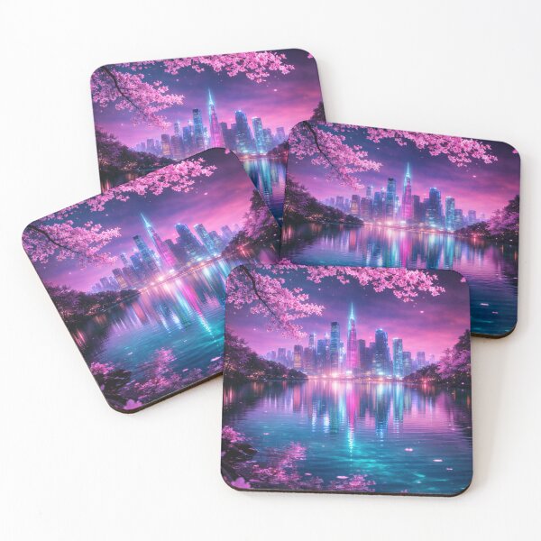 Item preview, Neon Cherry Blossom City Night | Futuristic Japanese Cityscape Illustration | Dreamy Sakura Lights & Cyberpunk Wall Art designed and sold by PaintedPixels01.