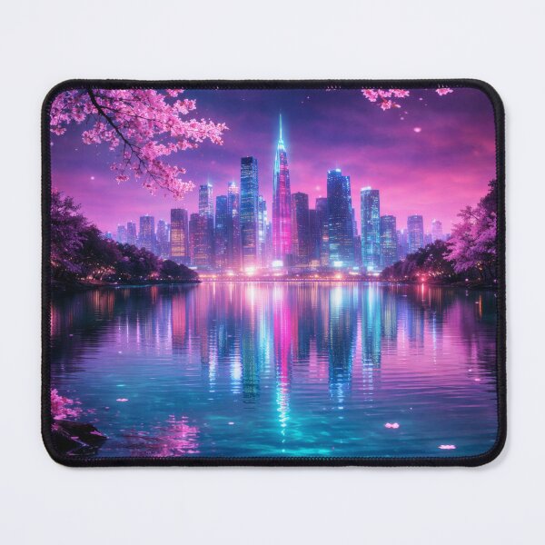 Item preview, Neon Cherry Blossom City Night | Futuristic Japanese Cityscape Illustration | Dreamy Sakura Lights & Cyberpunk Wall Art designed and sold by PaintedPixels01.