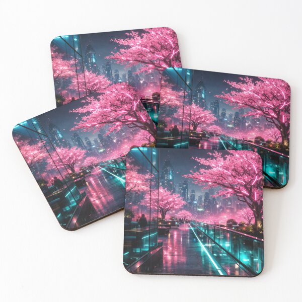 Item preview, Neon Cherry Blossom City Night | Futuristic Japanese Cityscape Illustration | Dreamy Sakura Lights & Cyberpunk Wall Art designed and sold by PaintedPixels01.