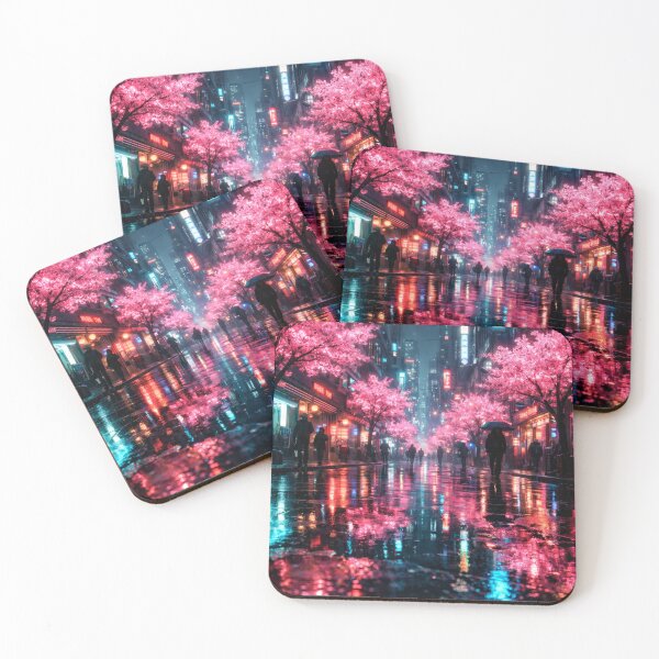 Item preview, Neon Cherry Blossom City Night | Futuristic Japanese Cityscape Illustration | Dreamy Sakura Lights & Cyberpunk Wall Art designed and sold by PaintedPixels01.
