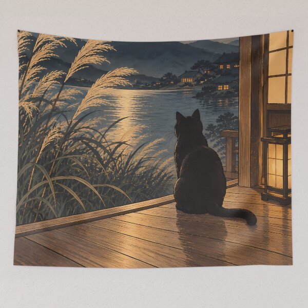 Item preview, Japandi Black Cat Moonlit Lake Night designed and sold by Jozefin's Studio.
