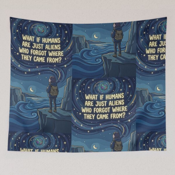 Item preview, What If Humans Are Just Aliens Quote Canvas Print | Cosmic Starry Night Wall Art | Philosophical Space Sci-Fi Poster | Celestial Ocean Cliff Decor designed and sold by SergioMiklos.