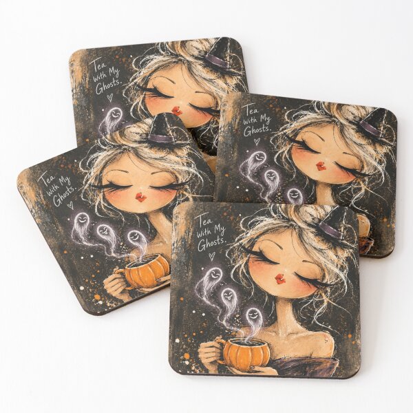 Item preview, Tea With My Ghosts – Whimsical Witch and Ghost Halloween Art designed and sold by byMosia.