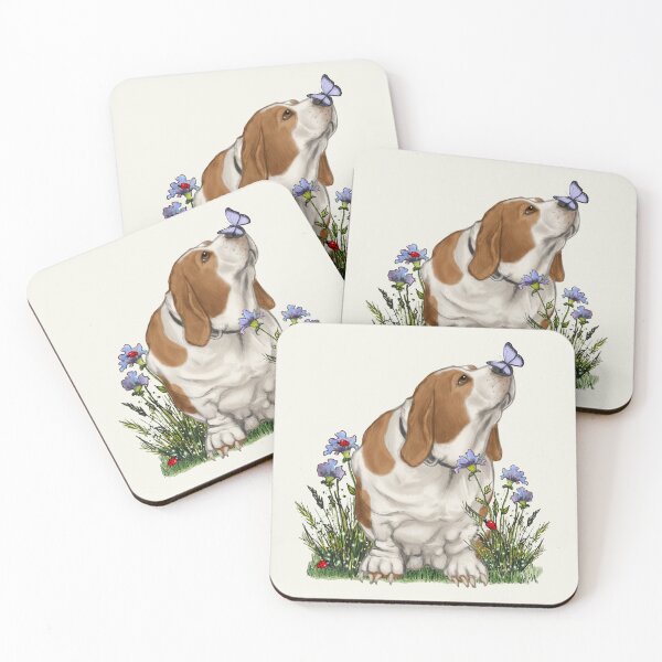 Item preview, Basset Hound Dog with BUTTERFLY on NOSE, Purple Wildflowers designed and sold by JoyfulWhimsy.
