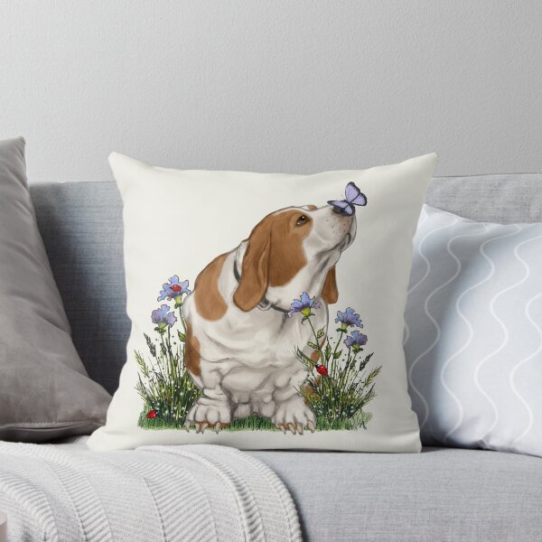 Item preview, Basset Hound Dog with BUTTERFLY on NOSE, Purple Wildflowers designed and sold by JoyfulWhimsy.
