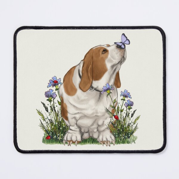 Item preview, Basset Hound Dog with BUTTERFLY on NOSE, Purple Wildflowers designed and sold by JoyfulWhimsy.