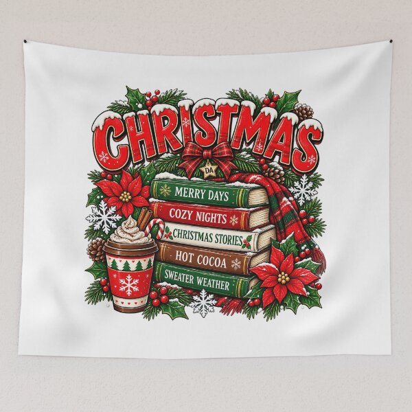 Item preview, Christmas Book Stack Hot Cocoa Cozy Holiday Typography Art designed and sold by DesignArtist.ia.