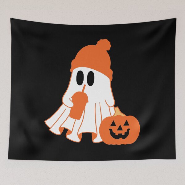Item preview, Cute Ghost Drinking Iced Coffee holding Pumpkin Halloween Illustration designed and sold by VisionaryEriola.