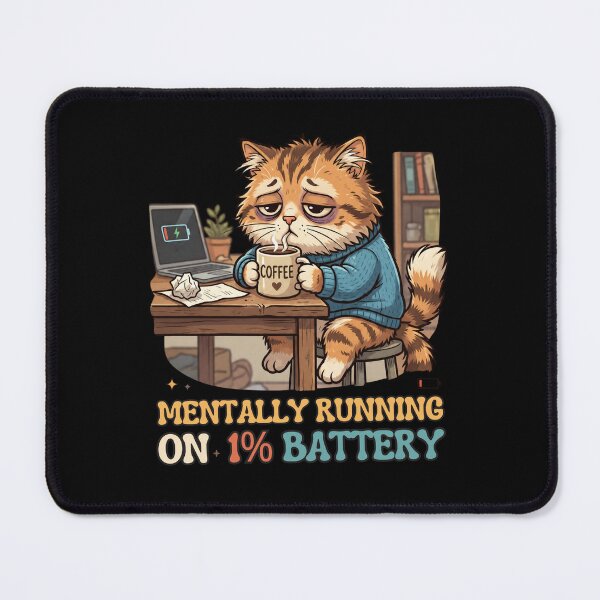 Item preview, Mentally Running on 1 Percent Battery Tired Cat Coffee Meme designed and sold by Anno Meister.
