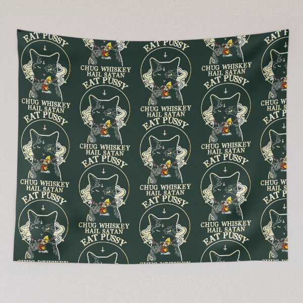 Item preview, Eat Pussy Chug Whiskey Hail Satan Funny Black Cat designed and sold by OfGivingArt.