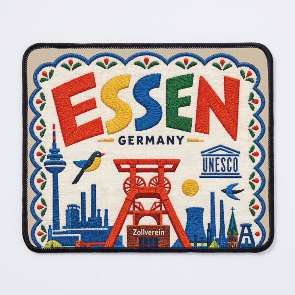 Item preview, Essen Germany Travel Illustration Embroidered Folk Art Stitched Industrial Heritage Print designed and sold by Witsprings.