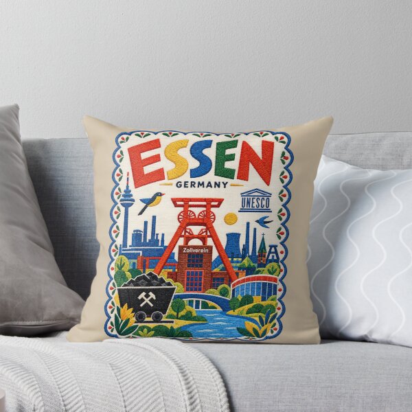 Item preview, Essen Germany Travel Illustration Embroidered Folk Art Stitched Industrial Heritage Print designed and sold by Witsprings.
