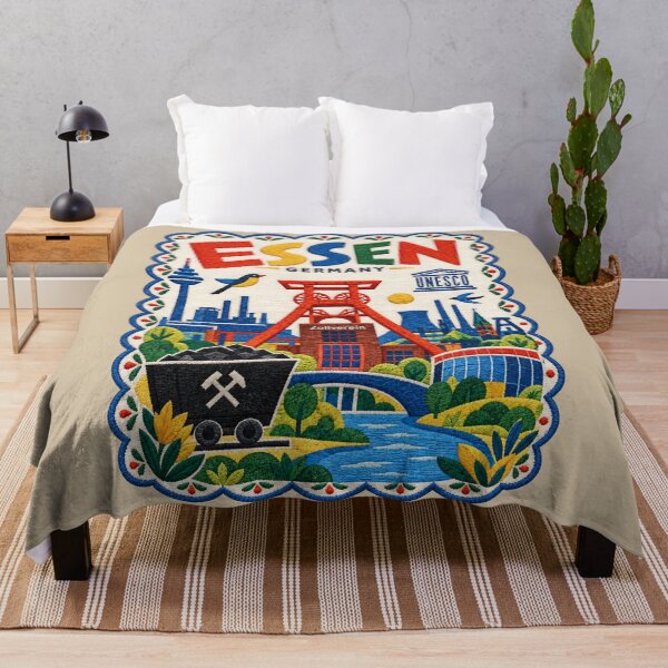 Item preview, Essen Germany Travel Illustration Embroidered Folk Art Stitched Industrial Heritage Print designed and sold by Witsprings.