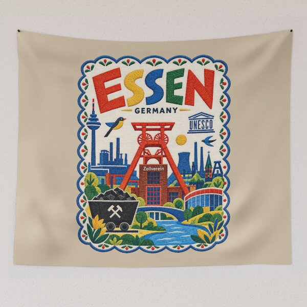 Item preview, Essen Germany Travel Illustration Embroidered Folk Art Stitched Industrial Heritage Print designed and sold by Witsprings.