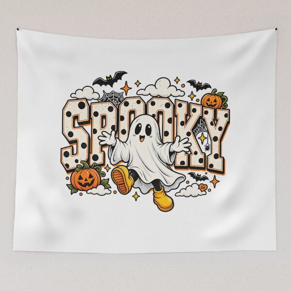 Item preview, Cute Spooky Ghost Yellow Boots Polka Dot Varsity Typography Art designed and sold by DesignArtist.ia.