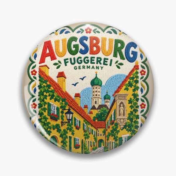 Item preview, Augsburg Germany Travel Art Illustration Embroidered Folk Art Stitched Fuggerei Print designed and sold by Witsprings.