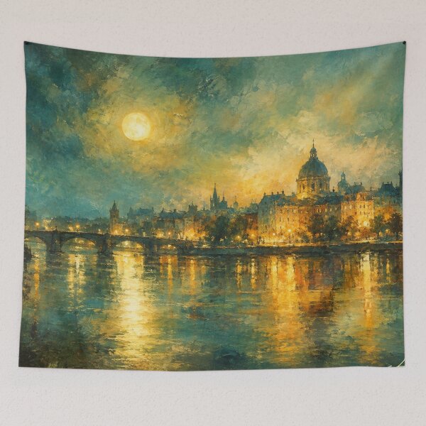 Item preview, Midnight River over Prague - Moonlit Cityscape Art designed and sold by Joey Santiago.