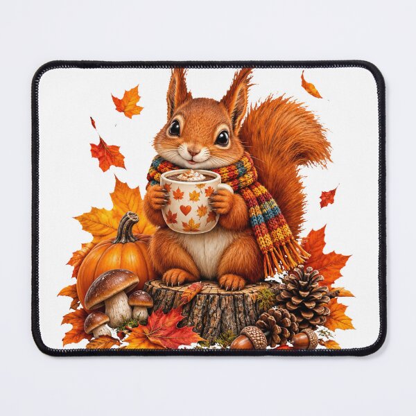 Item preview, Cozy Autumn Squirrel with Hot Chocolate Pumpkin and Fall Leaves designed and sold by Surviving Monday Club.