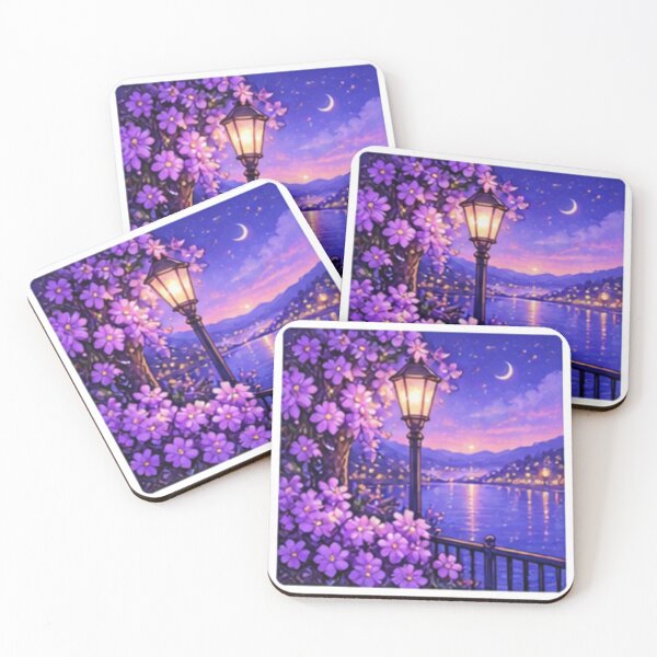 Item preview, Purple Flower Lake Sunset with Cozy Lantern designed and sold by Kiralemon.