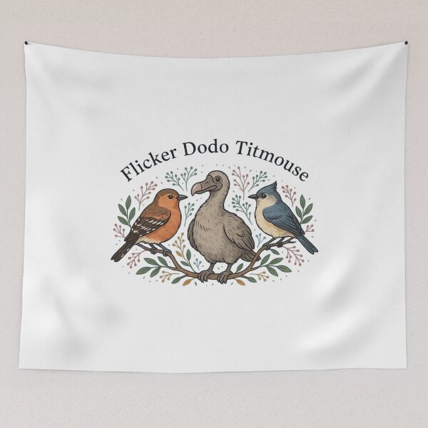Item preview, Flicker Dodo Titmouse – Vintage Bird Trio Botanical Illustration designed and sold by JaroCreates.