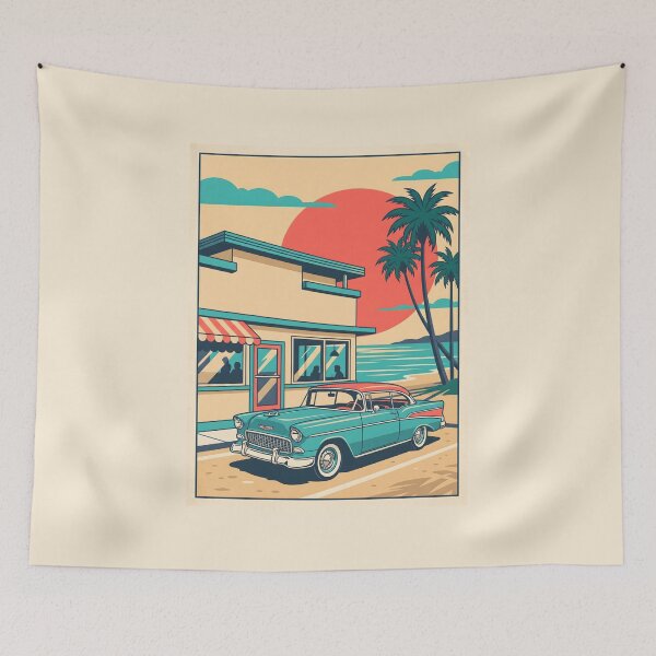 Item preview, Vintage Classic Car at Coastal Restaurant – Retro Beach Road Trip Design designed and sold by Sea Gem.