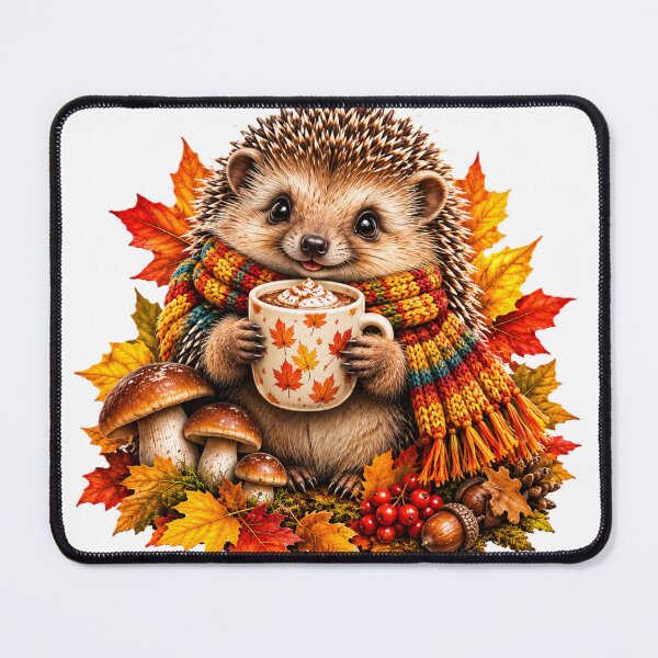Item preview, Cozy Autumn Hedgehog with Hot Chocolate and Fall Leaves designed and sold by Surviving Monday Club.