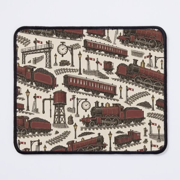 Item preview, Steam Locomotive Toile Engines Signals and Water Towers | Railway Repeat Print designed and sold by StickyGuys.