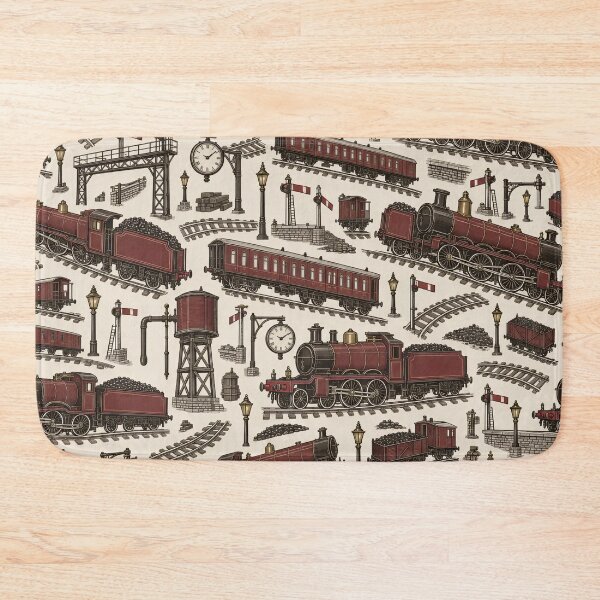 Item preview, Steam Locomotive Toile Engines Signals and Water Towers | Railway Repeat Print designed and sold by StickyGuys.