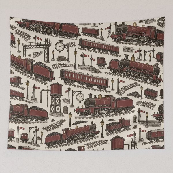 Item preview, Steam Locomotive Toile Engines Signals and Water Towers | Railway Repeat Print designed and sold by StickyGuys.