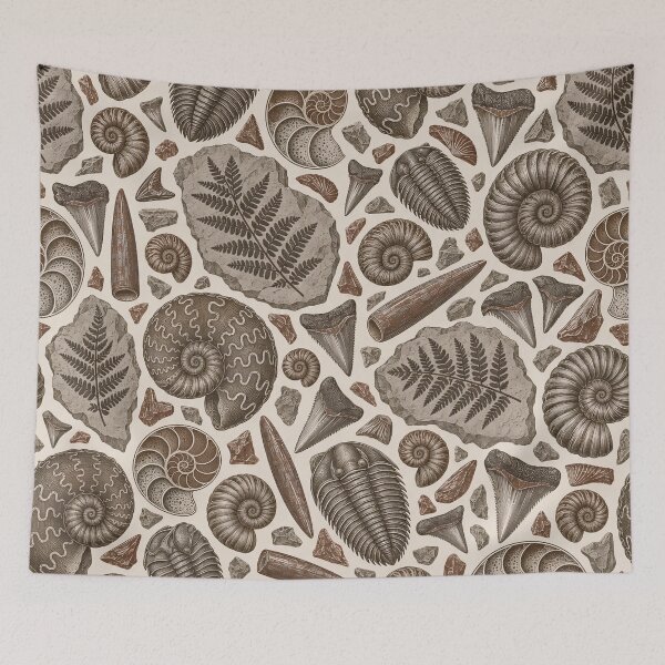 Item preview, Fossil Specimen Plate Repeat Ammonites Trilobites and Ferns | Geology Print designed and sold by StickyGuys.