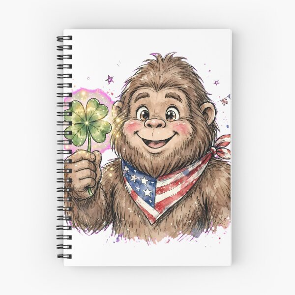 Item preview, Lucky Bigfoot Sasquatch Holding Four Leaf Clover - Cute American Bigfoot with USA Bandana - Patriotic Good Luck Charm Hand Drawn Watercolor designed and sold by HoMya.