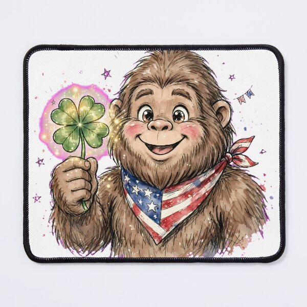 Item preview, Lucky Bigfoot Sasquatch Holding Four Leaf Clover - Cute American Bigfoot with USA Bandana - Patriotic Good Luck Charm Hand Drawn Watercolor designed and sold by HoMya.
