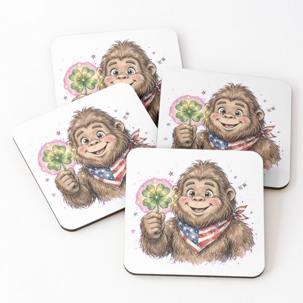 Item preview, Lucky Bigfoot Sasquatch Holding Four Leaf Clover - Cute American Bigfoot with USA Bandana - Patriotic Good Luck Charm Hand Drawn Watercolor designed and sold by HoMya.