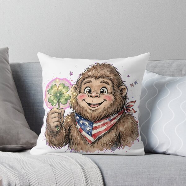 Item preview, Lucky Bigfoot Sasquatch Holding Four Leaf Clover - Cute American Bigfoot with USA Bandana - Patriotic Good Luck Charm Hand Drawn Watercolor designed and sold by HoMya.