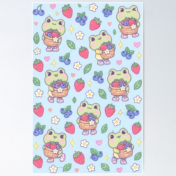 Item preview, Kawaii Frog Berry Basket Pastel Pattern designed and sold by Soft Berry Studio.