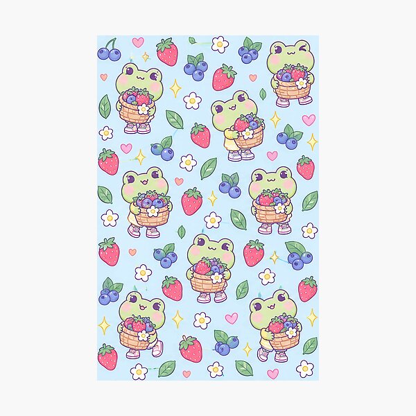 Artikelvorschau, Kawaii Frosch Beerenkorb Pastellmuster entworfen und verkauft von Soft Berry Studio.