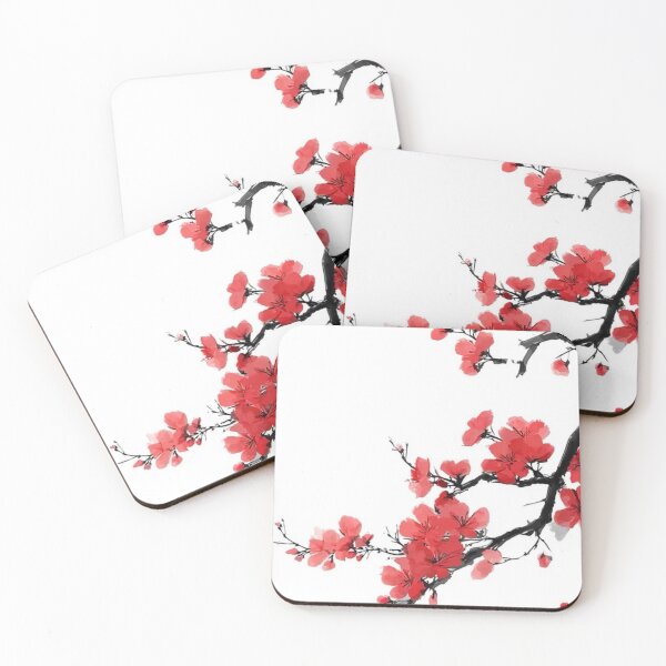 Item preview, Japanese Cherry Blossom Red Sakura Branch — Watercolor Sumi-e Ink Painting designed and sold by LYAN-STORE.