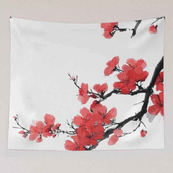Item preview, Japanese Cherry Blossom Red Sakura Branch — Watercolor Sumi-e Ink Painting designed and sold by LYAN-STORE.