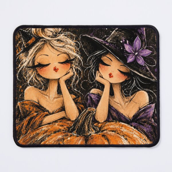 Item preview, Two Witches and a Giant Pumpkin – Whimsical Halloween Art designed and sold by byMosia.
