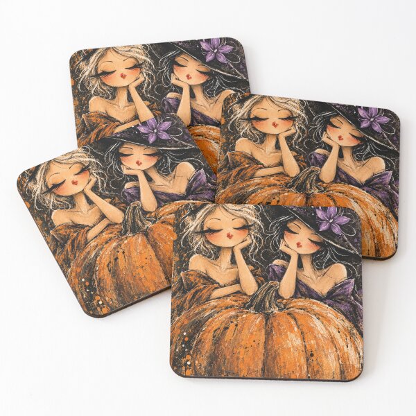 Item preview, Two Witches and a Giant Pumpkin – Whimsical Halloween Art designed and sold by byMosia.