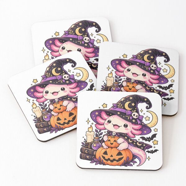Item preview, Kawaii Axolotl Witch with Halloween Pumpkin and Stars designed and sold by RetroPop23.
