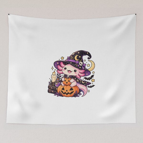 Item preview, Kawaii Axolotl Witch with Halloween Pumpkin and Stars designed and sold by RetroPop23.
