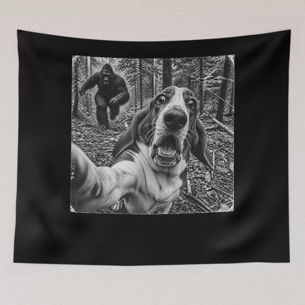 Item preview, Bigfoot Chasing Dog Selfie Funny Cryptid Forest Humor designed and sold by slmfams.