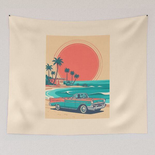 Item preview, Vintage Turquoise Convertible by the Sea – Retro Coastal Summer Car Design designed and sold by Sea Gem.