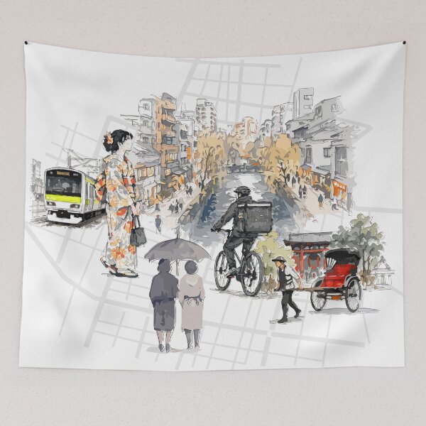 Item preview, Mixed-media sketch illustration of a Japanese street scene designed and sold by maewjpho.